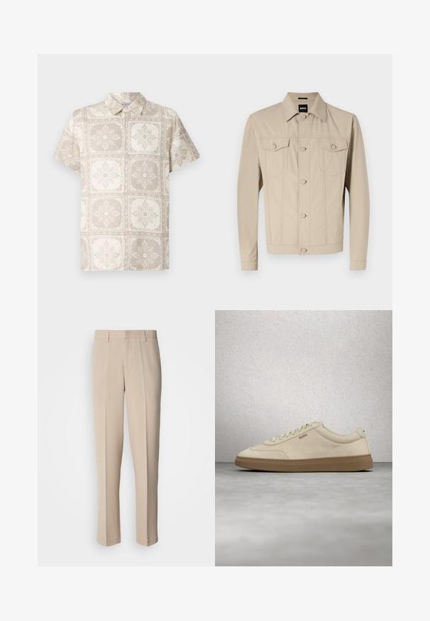 Beige denimjakke med klassisk krave, frontlukning med knapper og to brystlommer; har sømdetaljer og lange ærmer.; Kortærmet skjorte med knapper i beige med et gentaget blomsterdesign. Fremstillet af et let stof med et naturligt, struktureret udseende.; Beige skræddersyede bukser med lige pasform, lavet af glat stof. Har en flad front og standard linning med bæltestropper.; Lyse beige ruskindssneaker med gummisål i farven gum, tydelige snørebånd og fine syningsdetaljer. Ren design med et minimalistisk æstetisk udtryk.