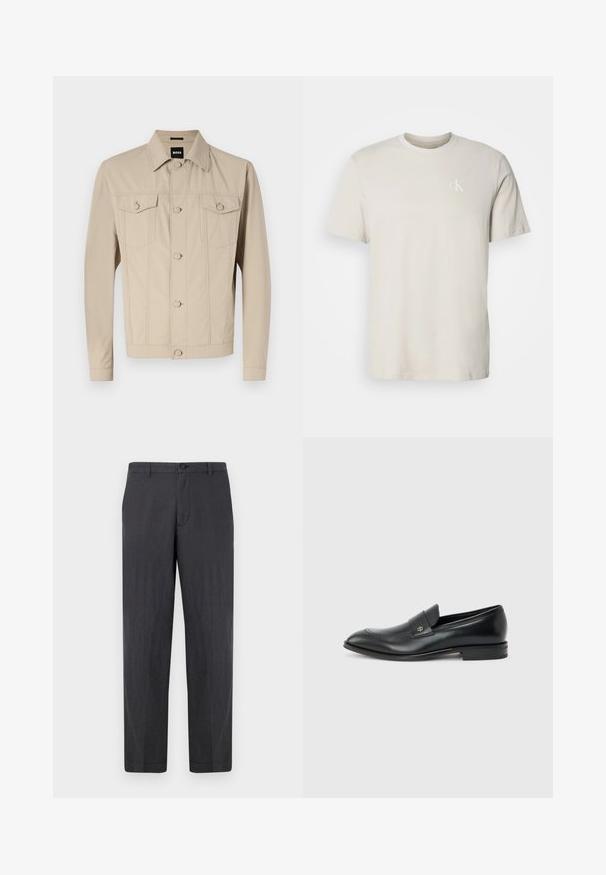 Beige denimjakke med klassisk krave, frontlukning med knapper og to brystlommer; har sømdetaljer og lange ærmer.; Beige kortærmet T-shirt i bomuld med rund hals og lille hvidt "cK"-logo på venstre bryst.; Mørkegrå, lige ben bukser lavet af letvægtsstof. Har en knaplukning og en flad front uden synlige lommer. Glat tekstur.; Sort læder herre loafer med lav hæl, rund tå og lille metallisk logo på remmen, vist i sideprofil på ensfarvet baggrund.