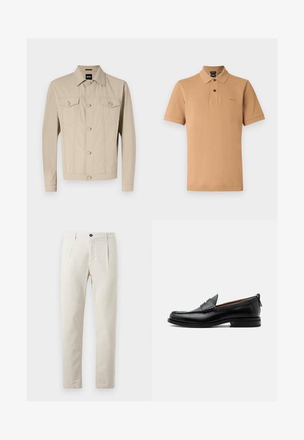 Veste en denim beige avec un col classique, fermeture à boutons sur le devant et deux poches poitrine ; présente des détails de couture et des manches longues.; Polo à manches courtes très court en tissu texturé, équipé d'une patte à trois boutons, d'un col pointu et d'un logo discret sur la poitrine.; Pantalons en coton beige avec une coupe droite, dotés d'une fermeture à un bouton noir et de deux poches avant. Texture lisse.; Mocassin homme en cuir noir avec couture moc toe, bride penny, col texturé et petit talon empilé sur fond blanc.