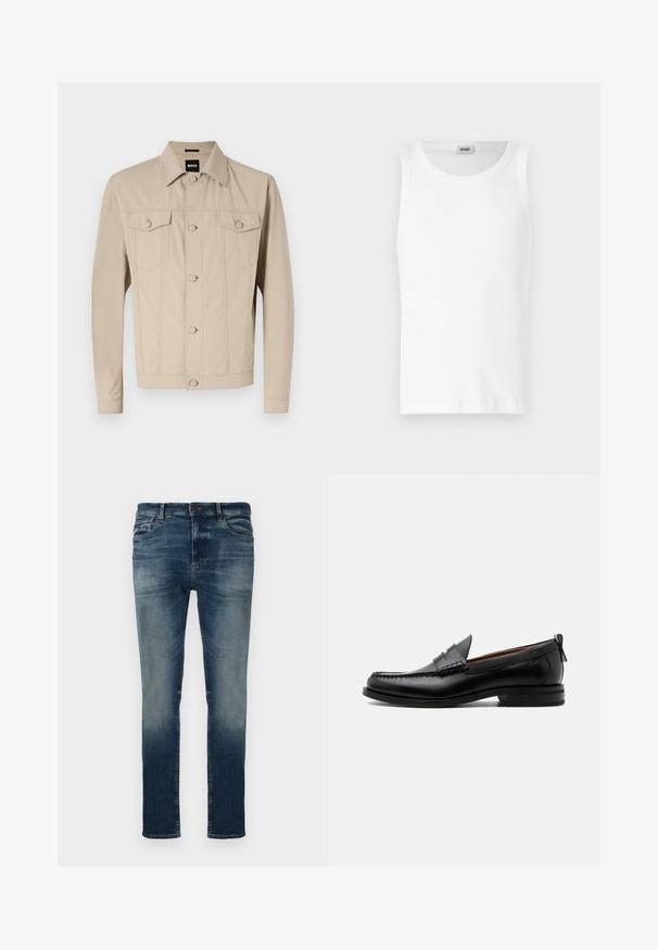Beige Jeansjacke mit klassischem Kragen, Vorderknopfverschluss und zwei Brusttaschen; mit Nahtdetails und langen Ärmeln.; Weißes Baumwoll-Tanktop ohne Ärmel mit Rundhalsausschnitt und glatter Textur. Einfaches Design, ohne Muster oder Akzente.; Dunkelblaue Denim-Jeans mit bleichendem Wasch-Effekt, schlanker Passform, Fünf-Taschen-Design, Gürtelschlaufen und Metallknopfverschluss. Glatte Textur.; Schwarzer Leder-Herrenschuh mit Mokassinnaht, Penny-Riemen, strukturiertem Kragen und niedrigem gestapeltem Absatz auf weißem Hintergrund.