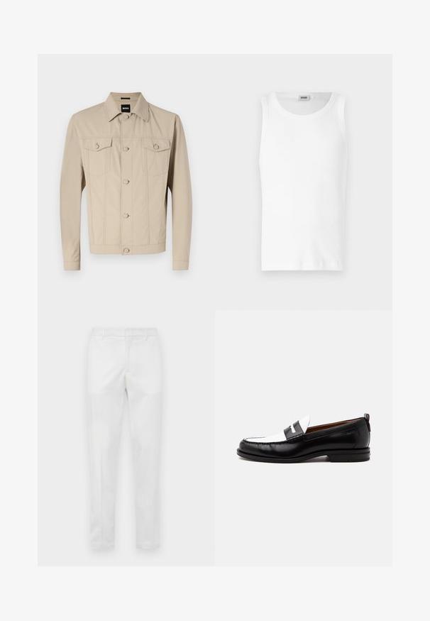 Beige denimjakke med klassisk krave, frontlukning med knapper og to brystlommer; har sømdetaljer og lange ærmer.; Hvid bomulds tanktop uden ærmer med rund halsudskæring og en glat tekstur. Enkel design, ingen mønstre eller accenter.; Slanke hvide bukser med bæltestropper, front lynlås og sidelommer, vist fladt på en neutral baggrund.; Sort-hvid læderloafer med syning, lav hæl og slip-on design, vist fra siden på en ensfarvet baggrund.