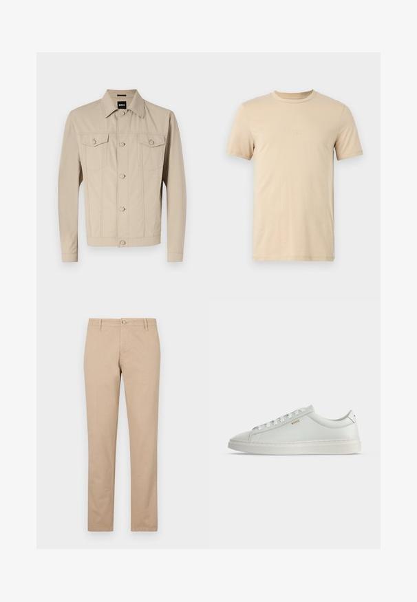 Beige denimjakke med klassisk krave, frontlukning med knapper og to brystlommer; har sømdetaljer og lange ærmer.; Beige bomulds T-shirt med korteærmer, rund halsudskæring og præget LOGO tekst på forsiden. Glat tekstur og standard pasform.; Beige bukser lavet af bomuld med lige ben, der har en frontknaplukning, sidelommer og subtile teksturdetaljer.; Hvid lavtop lædersneakers med snørebånd, flad sål og lille gyldent "BOSS" logo på siden, set fra ydersiden.