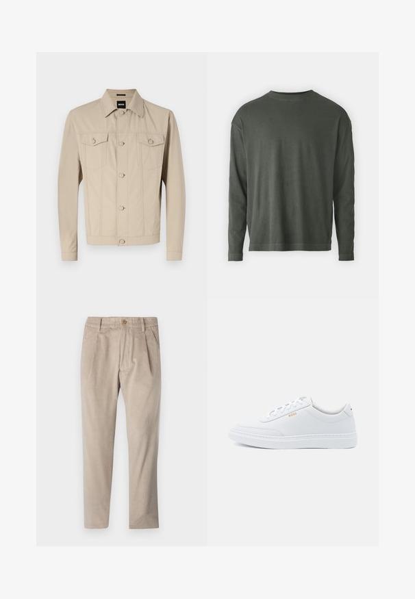 Beige denimjakke med klassisk krave, frontlukning med knapper og to brystlommer; har sømdetaljer og lange ærmer.; DRYKORN MARRIO - Langærmet T-shirt - grey; Beige kordfløjspants med elastisk talje, knaplukning og plisseelementer, har et lige ben-design og struktureret stof.; Hvide lædersneakers med glat tekstur, rund tå og ton-i-ton syning. Har blå snørebånd og et gult logo på siden.