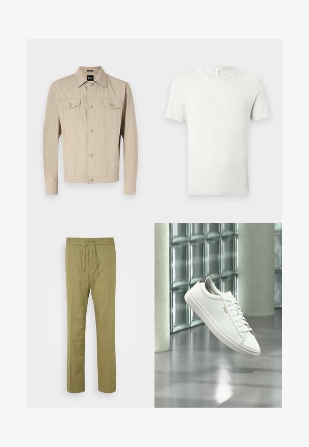 Veste en denim beige avec un col classique, fermeture à boutons sur le devant et deux poches poitrine ; présente des détails de couture et des manches longues.; T-shirt blanc uni à manches courtes et col rond, étalé à plat sur un fond gris clair, avec une petite étiquette en tissu au niveau du col.; Pantalons vert olive clair en tissu doux et léger. Dotés d'une taille élastique avec cordon de serrage et de jambes droites.; Baskets basses en cuir blanc avec lacets, languette de talon noire et logo « BOSS », flottant à l'intérieur près d'un mur en blocs de verre et d'un sol poli.