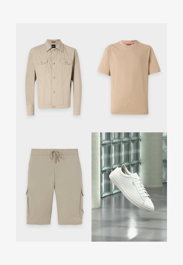 Beige Jeansjacke mit klassischem Kragen, Vorderknopfverschluss und zwei Brusttaschen; mit Nahtdetails und langen Ärmeln.; Beige Baumwoll-T-Shirt mit kurzen Ärmeln, Rundhalsausschnitt und dezentem "HUGO"-Logo in der Mitte. Angenehme Textur, legerer Schnitt.; Beige Cargo-Shorts mit elastischem Bund und Kordelzug. Sie verfügen über Seitentaschen und einen glatten, leichten Stoff.; Weißer Leder-Low-Top-Sneaker mit Schnürsenkeln, schwarzer Fersenschlaufe und „BOSS“-Logo, der drinnen nahe einer Glassteinwand und einem polierten Boden schwebt.