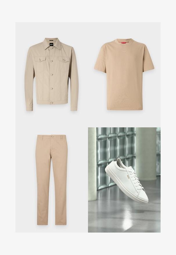 Veste en denim beige avec un col classique, fermeture à boutons sur le devant et deux poches poitrine ; présente des détails de couture et des manches longues.; T-shirt en coton beige à manches courtes, col rond, avec un logo "HUGO" discret au centre. Texture lisse, coupe décontractée.; Pantalon beige en coton avec une coupe droite, doté d'une fermeture à bouton à l'avant, de poches latérales et de détails texturés subtils.; Baskets basses en cuir blanc avec lacets, languette de talon noire et logo « BOSS », flottant à l'intérieur près d'un mur en blocs de verre et d'un sol poli.
