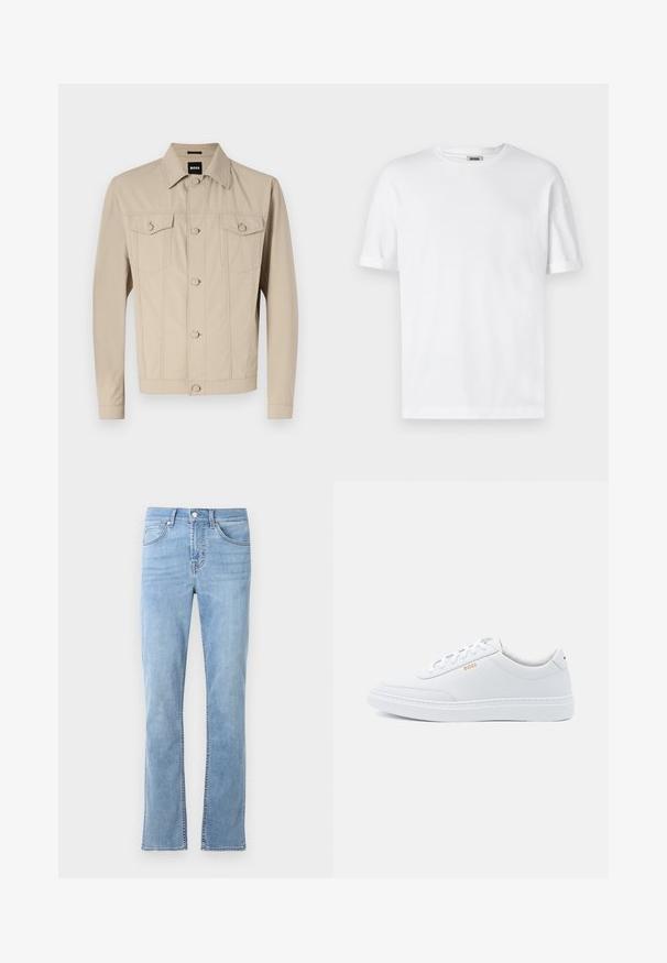 Beige denimjakke med klassisk krave, frontlukning med knapper og to brystlommer; har sømdetaljer og lange ærmer.; Hvid bomulds T-shirt med rund hals, korte ærmer og oprevet manchetter; enkel design, blød tekstur og lige snit.; Lysblå, lige ben jeans lavet af bomuldsdenim. Har fem lommer, lukning med knap foran og subtile syninger.; Hvide lædersneakers med glat tekstur, rund tå og ton-i-ton syning. Har blå snørebånd og et gult logo på siden.