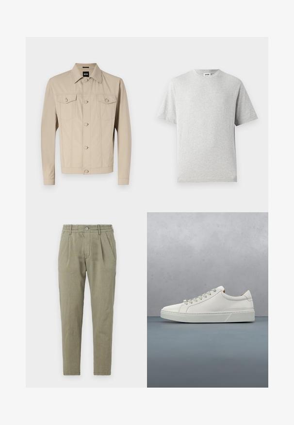 Chaqueta de mezclilla beige con collar clásico, cierre frontal de botones y dos bolsillos en el pecho; presenta costuras decorativas y mangas largas.; Camiseta gris de manga corta hecha de tela suave. Presenta un cuello redondo, un corte relajado y no tiene patrones ni logotipos. Textura suave en toda la prenda.; Pantalones verde claro, ajustados y de tiro recto, hechos de una tela texturizada, con cierre de botón, frente con pliegues y bolsillos laterales.; Zapatilla blanca de cuero con punta redondeada, diseño minimalista, cordones grises y suela de goma texturizada gris. Detalles de costura sutiles visibles.
