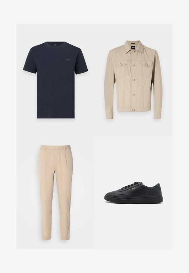 Beige Jeansjacke mit klassischem Kragen, Vorderknopfverschluss und zwei Brusttaschen; mit Nahtdetails und langen Ärmeln.; Marineblaues Baumwoll-T-Shirt mit Rundhalsausschnitt, kurzen Ärmeln und einem kleinen, grauen Markenlogo auf der linken Brust. Angenehme Textur.; Beige Hosen mit schmaler Passform, aus gewebtem Material. Sie verfügen über einen einzelnen Knopfverschluss, eine gefalte Vorderseite und gerade Beine.; Schwarze Leder-Sneaker mit glatter Textur, runder Zehenpartie, flacher Gummisohle und einfarbigen Schnürsenkeln. Mit goldfarbenem "BOSS" Logo an der Seite.