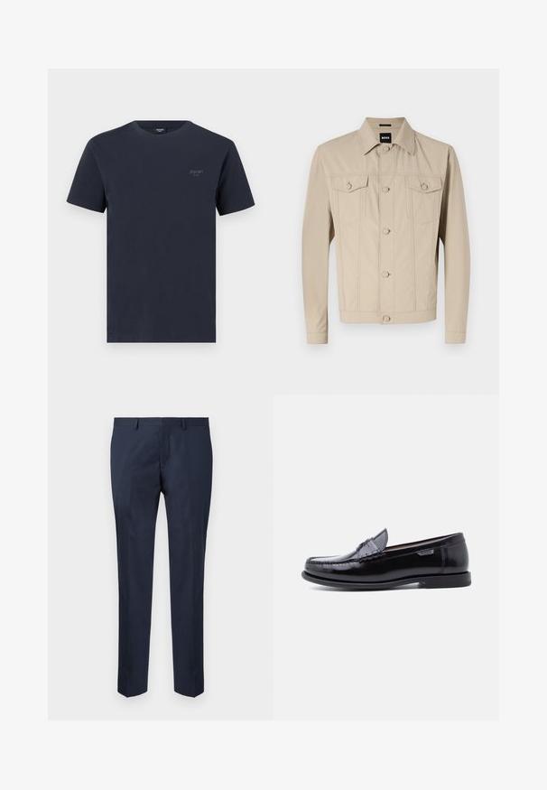 Beige denimjack met een klassieke kraag, voorknopsluiting en twee borstzakken; heeft naaddetails en lange mouwen.; Marineblauw katoenen T-shirt met een ronde hals, korte mouwen en een klein grijs merkembleem op de linkerborst. Glad materiaal.; Marineblauwe op maat gemaakte broek, gemaakt van een gladde stof. Kenmerkt zich door een recht model met een platte voorkant en zijzakken.; Zwarte leren loafers met een glanzende afwerking, voorzien van een gestikt ontwerp op de neus en een lage, zwarte rubberen zool met structuur.