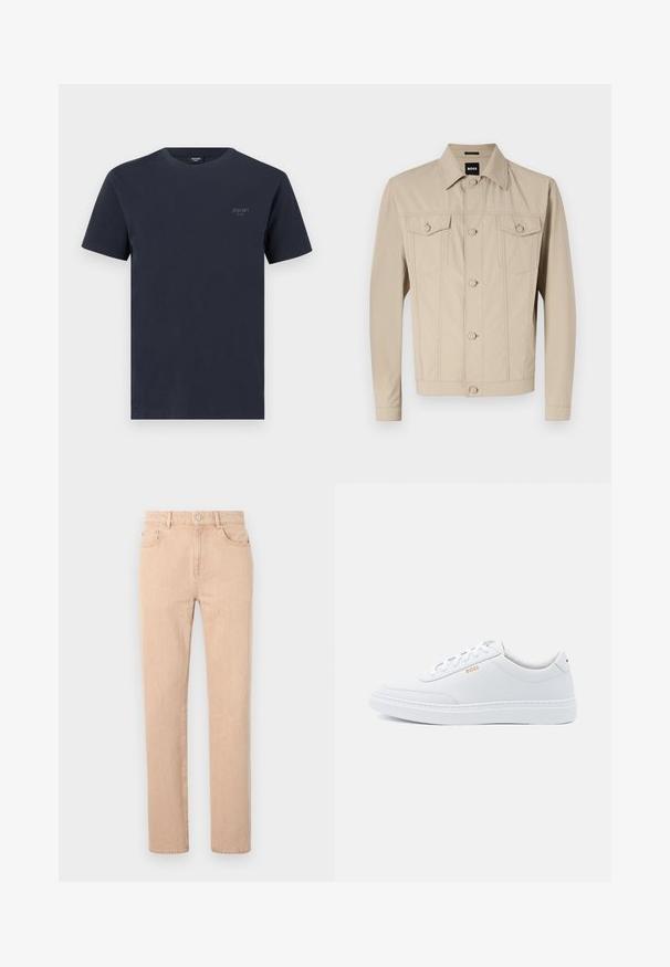 Beige Jeansjacke mit klassischem Kragen, Vorderknopfverschluss und zwei Brusttaschen; mit Nahtdetails und langen Ärmeln.; Marineblaues Baumwoll-T-Shirt mit Rundhalsausschnitt, kurzen Ärmeln und einem kleinen, grauen Markenlogo auf der linken Brust. Angenehme Textur.; Beige gerade geschnittene Jeans aus einem Baumwollmischgewebe, mit Reißverschluss, Gürtelschlaufen sowie Vorder- und Gesäßtaschen. Glatte Textur.; Weiße Leder-Sneaker mit glatter Textur, runder Zehenpartie und tonal abgestepptem Design. Mit blauen Schnürsenkeln und einem goldenen Logo an der Seite.