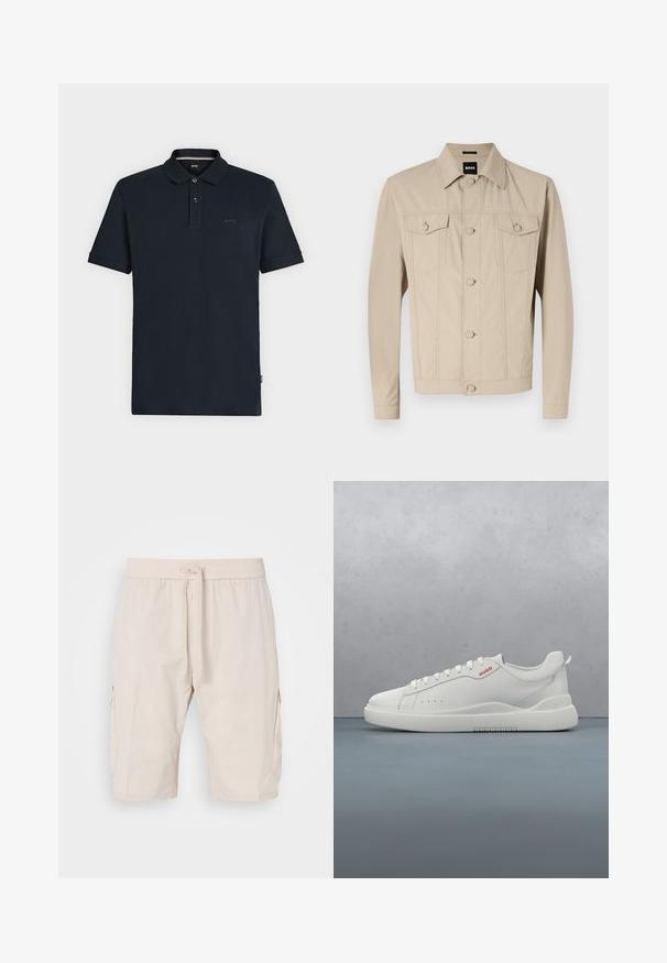 Beige denimjakke med klassisk krave, frontlukning med knapper og to brystlommer; har sømdetaljer og lange ærmer.; Sort kortærmet polo med to forreste knapper og et lille "BOSS" logo på brystet, vist på en ensartet lyse baggrund.; Beige cargoshorts med elastisk talje og snor, der har to sidelommer og et glat, let materiale.; Hvide sneakers med en glat læderfinish, rund tå, fire snørehuller, subtile perforeringer og en rød logo detalje på siden.
