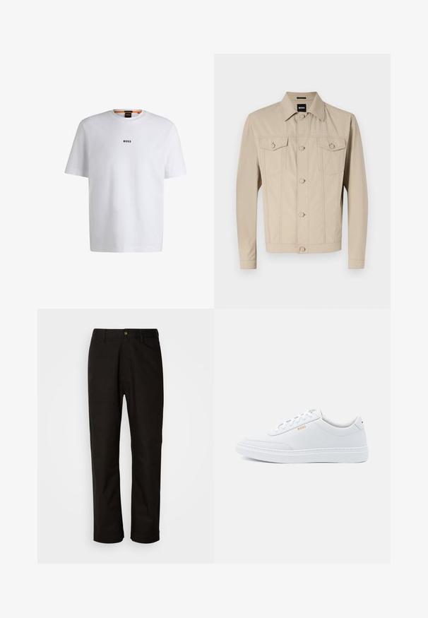 Beige Jeansjacke mit klassischem Kragen, Vorderknopfverschluss und zwei Brusttaschen; mit Nahtdetails und langen Ärmeln.; Weißes Baumwoll-T-Shirt mit kurzen Ärmeln, ausgestattet mit einem schwarzen "BOSS"-Logo, das mittig auf der Brust platziert ist, und einem runden Halsausschnitt.; Schwarze Baumwollhosen mit geradem Schnitt, Gürtelschlaufen, einem Reißverschluss vorne und einem einzelnen Knopfverschluss. Glatte Textur ohne sichtbare Muster.; Weiße Leder-Sneaker mit glatter Textur, runder Zehenpartie und tonal abgestepptem Design. Mit blauen Schnürsenkeln und einem goldenen Logo an der Seite.