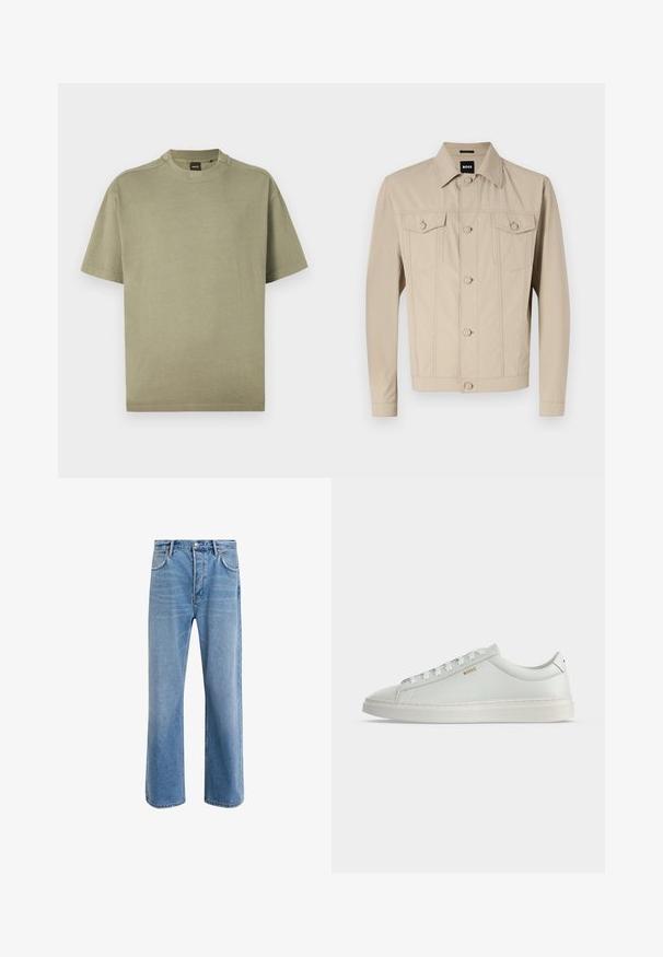Veste en denim beige avec un col classique, fermeture à boutons sur le devant et deux poches poitrine ; présente des détails de couture et des manches longues.; T-shirt vert olive à manches courtes en coton doux avec un col rond et un design simple, affichant un logo discret au niveau du col.; Jeans en denim bleu clair avec une coupe droite, cinq poches, fermeture à bouton, peu d'usure et des détails de couture contrastés.; Baskets basses blanches en cuir avec lacets, semelle plate et petit logo doré "BOSS" sur le côté, vues de l'extérieur.