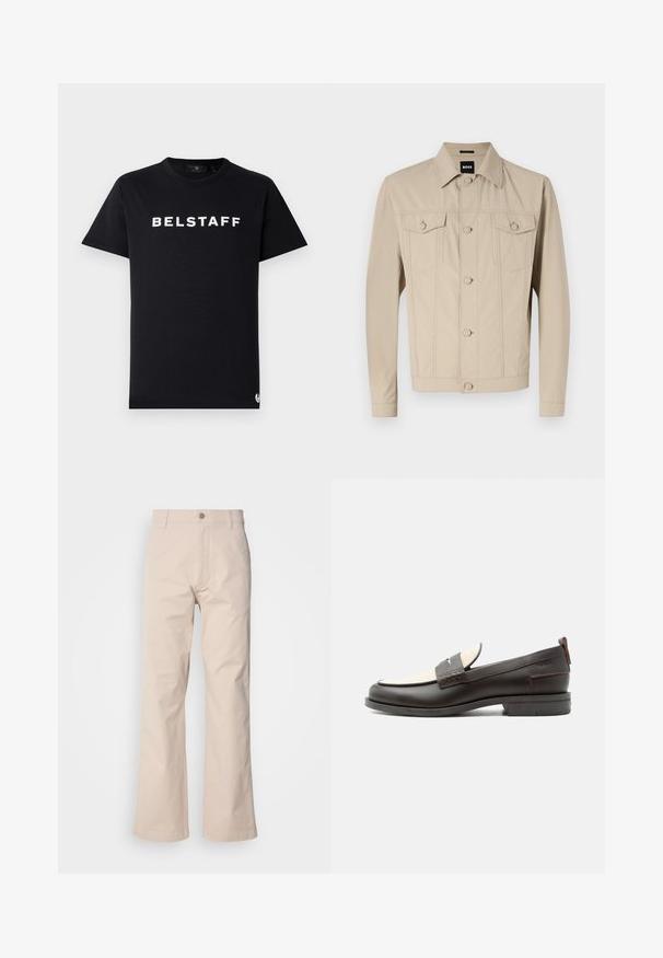 Beige Jeansjacke mit klassischem Kragen, Vorderknopfverschluss und zwei Brusttaschen; mit Nahtdetails und langen Ärmeln.; Schwarzes Baumwoll-T-Shirt mit Rundhalsausschnitt, kurzen Ärmeln und weißem "BELSTAFF"-Logo, das über die Brust gedruckt ist.; Beige Baumwollhosen mit geradem Beinschnitt, ausgestattet mit einem Knopfverschluss, vorderen Taschen und minimaler Stichdetails.; Dunkelbrauner Herrenschuh aus Leder mit cremefarbenem Stoffpaneel und klassischem, genähtem Riemendetail, flacher Sohle und Zuglasche an der Ferse.
