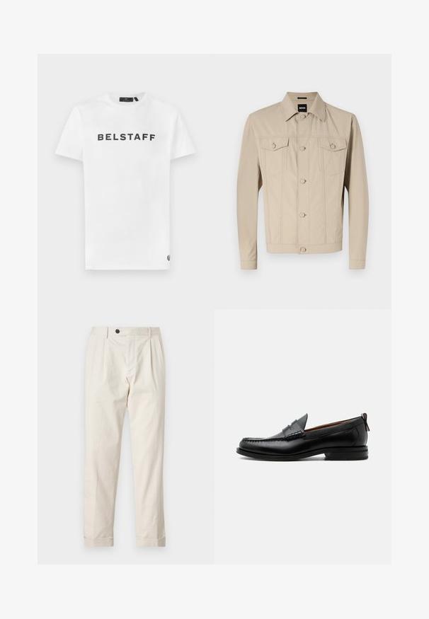 Beige denimjakke med klassisk krave, frontlukning med knapper og to brystlommer; har sømdetaljer og lange ærmer.; Hvid bomulds t-shirt med et sort "BELSTAFF" logo på forsiden. Klassisk crew neck og korte ærmer med en lille logodetalje på kanten.; Cremefarvede bukser med skræddersyet pasform, der har en enkelt knaplukning, plisseret front og opholdte ben. Fremstillet af letvægtsstof.; Sort læder herre loafer med moc-tå syning, penny strop, struktureret krave og lav stablet hæl på hvid baggrund.