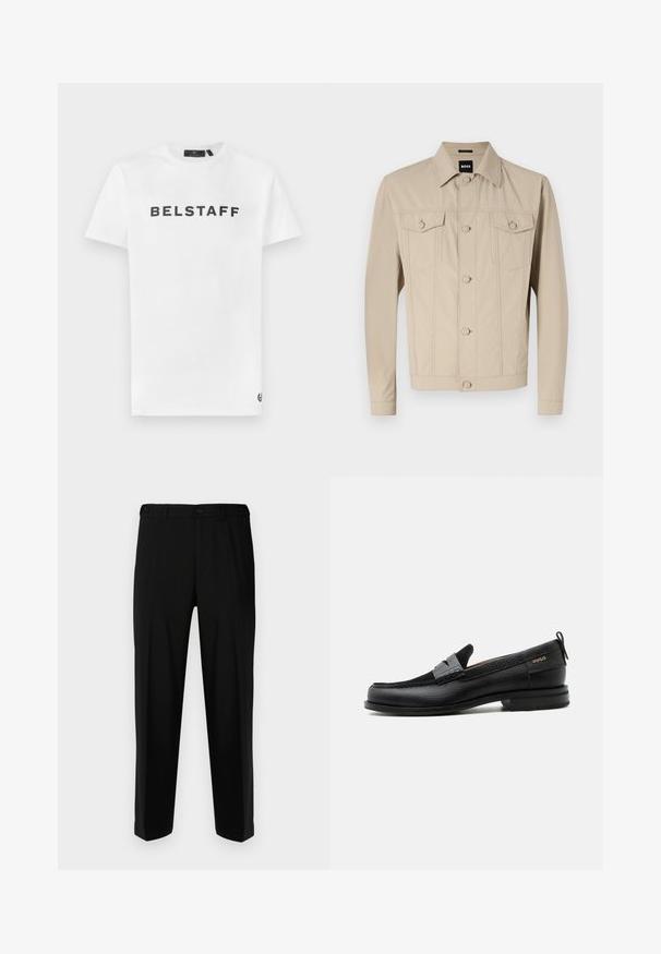 Beige denimjack met een klassieke kraag, voorknopsluiting en twee borstzakken; heeft naaddetails en lange mouwen.; Witte katoenen t-shirt met een zwart 'BELSTAFF' logo op de voorkant. Klassieke ronde hals en korte mouwen met een klein logo detail op de zoom.; Zwarte broek van gladde stof, met een rechte snit, twee voorzakken en een ritssluiting met knoopsluiting.; Zwarte leren loafer met grijs riemdetailelement, lage hak en gestructureerde zool, aan de zijkant gebrandmerkt met "HUGO" in goud.