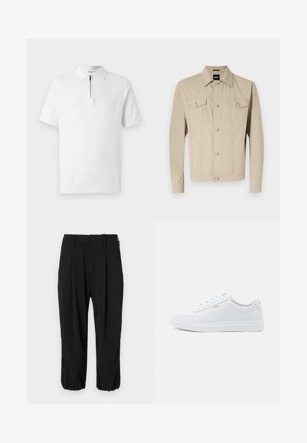 Beige denimjakke med klassisk krave, frontlukning med knapper og to brystlommer; har sømdetaljer og lange ærmer.; Hvid kortærmet polo shirt med et struktureret strik, der har en lynlås krave og ribbet kant. Rent design velegnet til afslappet brug.; Sorte cropped bukser med elastisk talje med knap, sidelommer og en afslappet pasform med manchetter ved anklerne.; Hvide lædersneakers med glat tekstur, rund tå og ton-i-ton syning. Har blå snørebånd og et gult logo på siden.