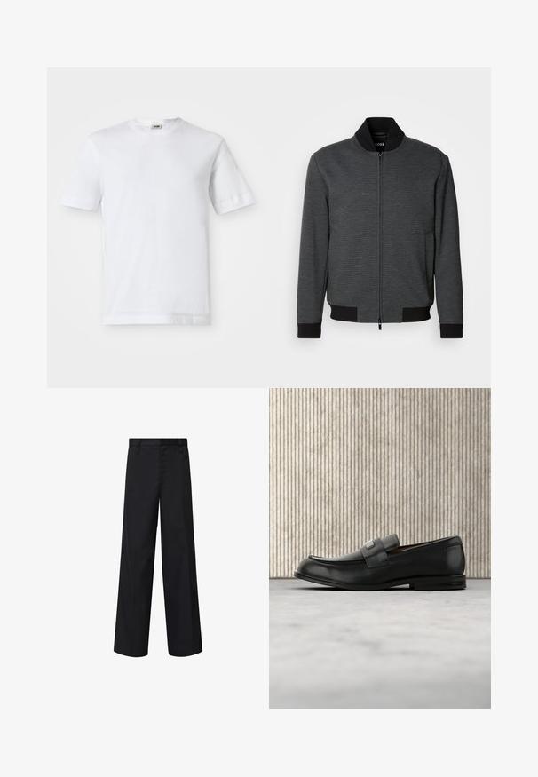 Chaqueta bomber gris oscuro con cierre de cremallera, cuello y puños acanalados, textura suave y bolsillos laterales. Costura horizontal en la parte inferior.; Camiseta de algodón blanca con mangas cortas, escote redondo y una textura suave. No se observan patrones ni detalles.; Pantalones de pierna ancha negros, confeccionados en una tela suave con un corte recto. Presentan una parte delantera plana, trabillas para cinturón y bolsillos laterales.; Mocasín de cuero negro con una placa metálica de marca apoyado cerca de una mesa redonda marrón sobre un suelo alfombrado beige.