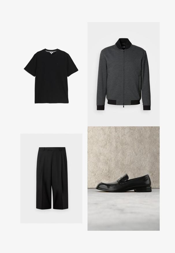 Veste bomber gris foncé avec fermeture éclair, col et poignets côtelés, texture lisse, et poches latérales. Couture horizontale en bas.; T-shirt noir à manches courtes et col rond, avec un petit logo brodé sur le côté gauche de la poitrine et une étiquette intérieure rayée au niveau du col.; Pantalon noir à jambes larges et courtes avec passants de ceinture et plis avant, présenté sur un fond clair uni.; Mocassin en cuir noir avec un accent métallique, présenté en lévitation au-dessus d'un tapis beige, avec une table ronde de couleur ambre en arrière-plan.