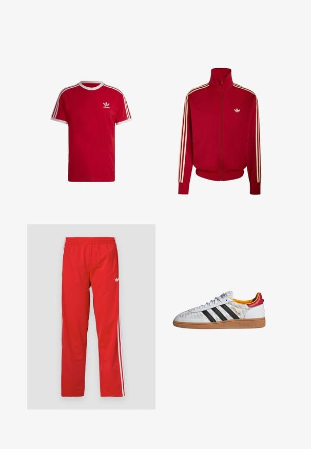 Rode sportjas met ritssluiting, beige drie strepen op de mouwen en klein beige Adidas-logo op de linkerborst.; Rode katoen t-shirt met witte geribde ronde hals, voorzien van drie witte strepen op de mouwen en een klein wit logo op de borst.; Rode trainingsbroek van lichtgewicht stof met een elastische tailleband en witte strepen aan de zijkanten. Voorzien van een klein logo bij de heup.; Witte Adidas Spezial sneaker met zwarte strepen, gumzool, doorgestikt patroon, rood hielstuk en gele voering, zijaanzicht.