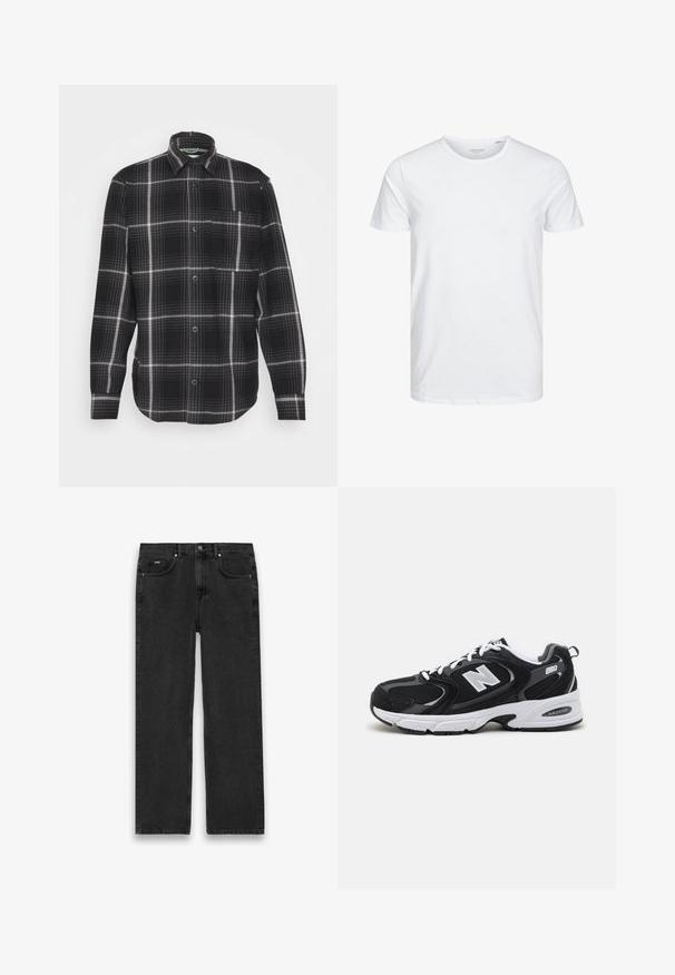 Jack & Jones JCOBLACK ZAC OVERSHIRT RELAX - Ľahká bunda - black; Tričko s okrúhlym výstrihom a krátkym rukávom v čistej bielej farbe, vyrobené z jemnej bavlny, má jednoduchý dizajn bez viditeľných vzorov alebo akcentov.; Čierne riflové nohavice so širokým strihom, obsahujúce päť vreciek, zapínanie na gombík a svetlé vyblednutie. Textúrovaná látka a minimálne detaily šitia.; Čierne a šedé športové topánky s hornou časťou z mikrovlákna a zamatu, s bielou medzipodrážkou, šnúrkami a výrazným logom "N" na boku.