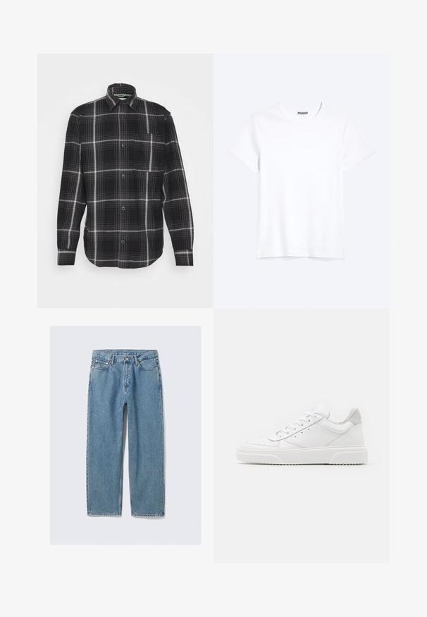 Jack & Jones JCOBLACK ZAC OVERSHIRT RELAX - Ľahká bunda - black; Jednoduché biele tričko s krátkym rukávom a okrúhlym výstrihom s viditeľnou značkou WEEKDAY na golieri, zobrazené na svetlom pozadí.; Svetlomodré rifle s rovnými nohavicami, prednými vreckami, pútkami na opasok a zapínaním na gombíky na jednoduchej pozadí.; Biele kožené tenisky s hladkým povrchom, zaoblenou špičkou, plochými šnúrkami a textúrovanou podrážkou. Sivý semišový akcent na päte.
