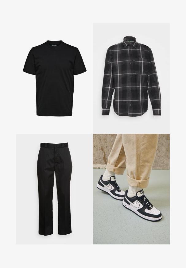 Jack & Jones JCOBLACK ZAC OVERSHIRT RELAX - Kerge jope - black; Lihtne must lühikeste varrukatega t-särk ümara kaelusega, tavapärase lõikega, ilma nähtavate mustrite või logodeta.; Mustad püksid, mis on valmistatud siledast kangast, sirge säärega disainiga, vöökummide ja kahe külje taskuga. Klassikaline välimus ilma kaunistusteta.; Mustvalge Nike Air Force 1 tossud nahast pealsega, perforeeritud varbaga ja tekstuurse tallaga, kantud kergete beige pükstega, mille alumine serv on üles keeratud, ja valgete sokkidega.