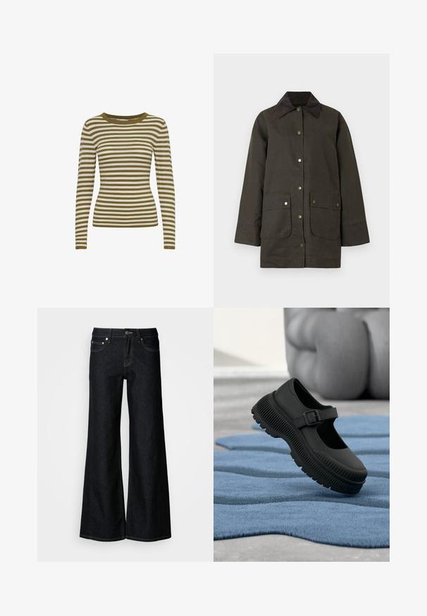 Chaqueta impermeable verde oscuro con cuello de pana, botones a presión, dos bolsillos delanteros y un ajuste holgado. Textura lisa y longitud hasta la mitad del muslo.; Suéter de manga larga a rayas en verde oliva y crema. Presenta un cuello redondo y una textura acanalada. Diseño ajustado.; Pantalones vaqueros de pierna ancha y denim oscuro, con cintura alta, diseño de cinco bolsillos y costuras contrastantes en color amarillo a lo largo de las costuras.; Zapato negro estilo Mary Jane con suela gruesa acanalada y correa con hebilla, sobre una alfombra azul texturizada con fondo desenfocado.