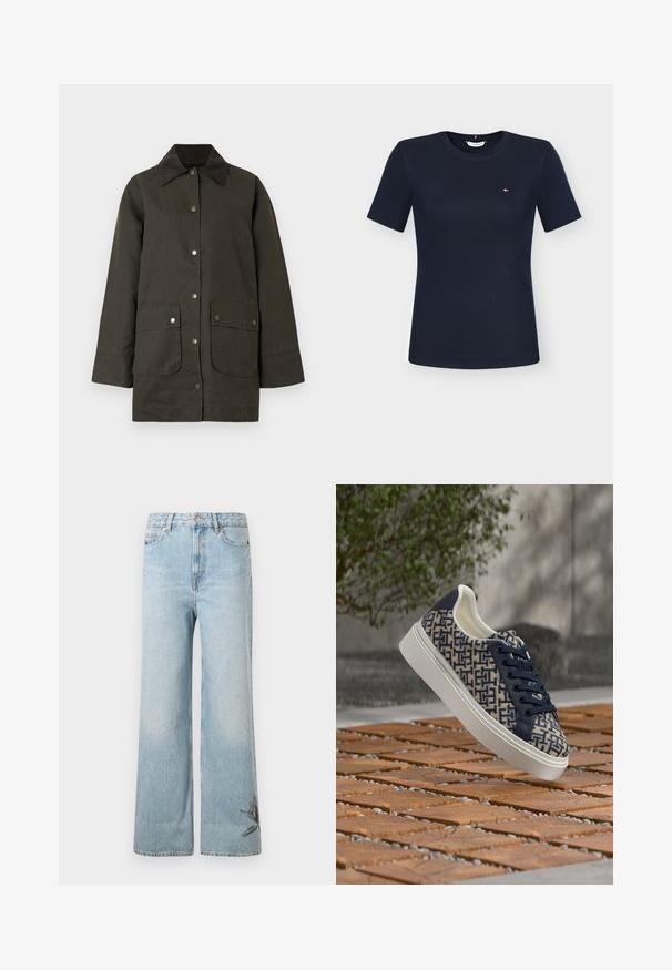 Veste imperméable vert foncé avec col en velours côtelé, boutons-pression, deux poches avant et coupe décontractée. Texture lisse et longueur mi-cuisse.; T-shirt ajusté bleu marine à manches courtes, col rond et petit logo Tommy Hilfiger sur la poitrine gauche.; Jeans larges en denim bleu clair, avec une texture délavée et des broderies florales sur le bas de la jambe gauche.; Baskets bleu marine et beige à motif géométrique avec semelle blanche flottant au-dessus de carreaux en bois en extérieur avec un arrière-plan flou.