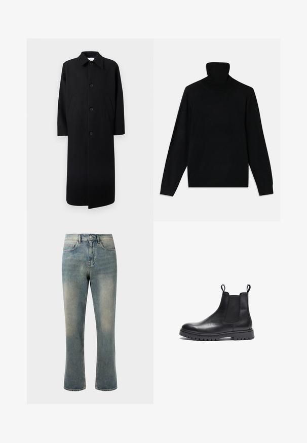 Pitkä musta päällystakki, jossa on terävä kaulus, neljä edessä olevaa nappia ja kaksi vinoa sivutaskua, yksivärisellä taustalla.; Mustien turtleneck-neule, joka on valmistettu pehmeästä neuloksesta, pitkät hihat ja istuva siluetti. Yksinkertainen muotoilu, ei näkyviä kuvioita tai korostuksia.; Vaaleansiniset farkut suoran lahkeen ja keskikorkean vyötärön kanssa, joissa on hieno kulutus. Varustettu klassisilla taskutyyleillä ja kontrastivärisilläommeltuilla.; Mustat nahkaiset Chelsea-saappaat, joissa on teksturoitu pinta, joustavat sivupaneelit ja vetonauhat. Varustettu tukevalla kumipohjalla, jossa on kuviointi.