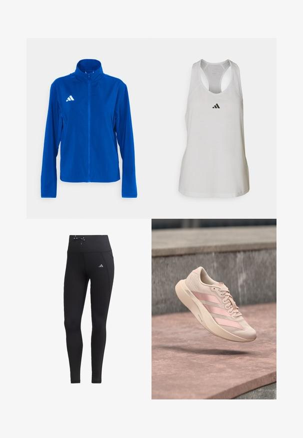 adidas Performance ADIZERO ESSENTIALS - Veste de running - team royal blue; Débardeur de sport blanc en tissu léger avec un dos nageur et un petit logo noir sur la poitrine.; Leggings noirs avec taille haute, cordon de serrage et poches latérales. Fabriqués à partir d'un tissu lisse avec un accent de logo réfléchissant.; Baskets rose clair avec trois bandes rose foncé et des lacets, suspendues en l'air au-dessus d'une surface en pierre et des marches en arrière-plan.