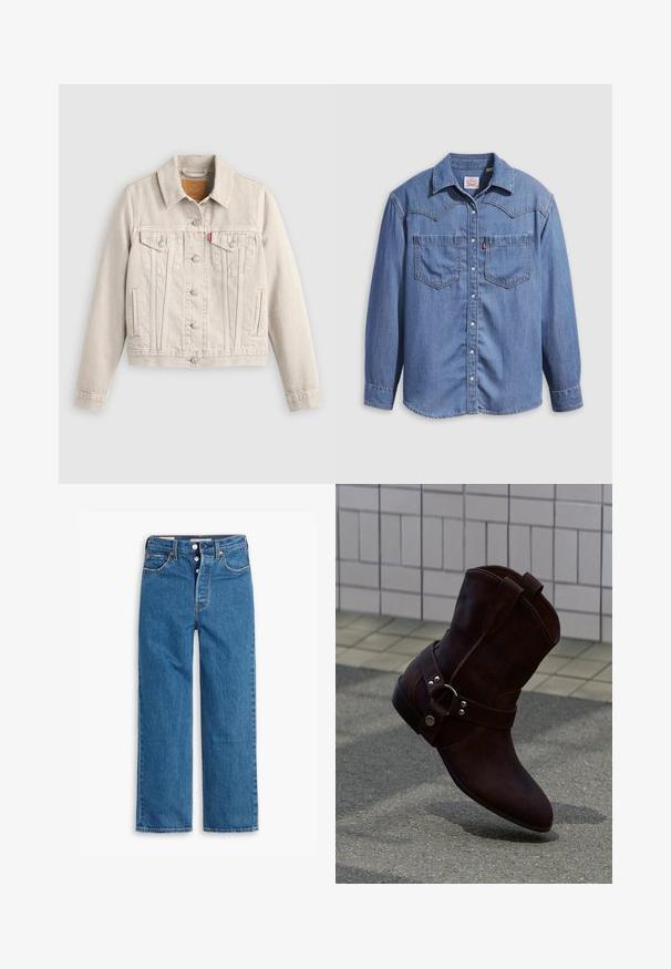 Chaqueta vaquera beige clara con cierre de botones, dos bolsillos de solapa en el pecho, bolsillos laterales y una pequeña etiqueta roja en el bolsillo izquierdo del pecho.; Camisa de mezclilla azul claro con cuello puntiagudo, dos bolsillos en el pecho y botones a presión. Presenta un diseño de canesú estilo occidental.; Vaqueros de mezclilla azul de pierna recta con una cintura alta, diseño de cinco bolsillos y cierre de botones. Costuras visibles y remaches de tono cobrizo.; Bota corta de ante marrón con detalle de hebilla plateada, sobre un pavimento texturizado cerca de una pared con azulejos.