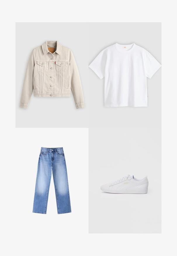 Veste en jean beige clair avec fermeture à boutons, deux poches poitrine à rabat, poches latérales et une petite étiquette rouge sur la poche poitrine gauche.; T-shirt en coton blanc à manches courtes, col rond, coupe décontractée, texture lisse, avec une petite étiquette logo sur la couture latérale gauche.; Jean en denim bleu taille haute, jambes larges et droites, avec des zones délavées sur les cuisses, boutonnière avant et poches sur fond blanc.; Baskets Puma basses blanches avec un laçage à l'avant, un branding subtil sur le côté et la semelle, et une tige en synthétique lisse pour une tenue décontractée.