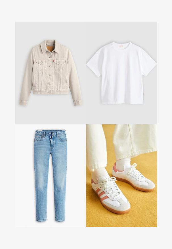 Chaqueta vaquera beige clara con cierre de botones, dos bolsillos de solapa en el pecho, bolsillos laterales y una pequeña etiqueta roja en el bolsillo izquierdo del pecho.; Camiseta blanca de algodón con mangas cortas, cuello redondo, ajuste holgado, textura suave y una pequeña etiqueta con logotipo en la costura del lado izquierdo.; Jeans de denim azul claro con un diseño de pierna recta, estilo de cinco bolsillos y cierre de botón. Presentan áreas deslavadas y efecto de arrugas para dar textura.; Zapatillas deportivas blancas con acentos en rosa, materiales de ante y cuero, punta redonda y suela de goma, mostradas con calcetines de color claro sobre un fondo amarillo.