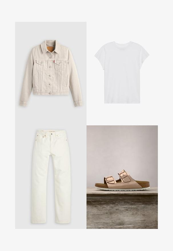 Hellbeige Jeansjacke mit Knopfverschluss, zwei Brusttaschen mit Klappen, Seitentaschen und einem kleinen roten Etikett auf der linken Brusttasche.; Weißes kurzärmliges T-Shirt mit Rundhalsausschnitt, lockerer Passform, aus weichem Baumwollstoff. Glatte Textur, keine Muster oder Logos.; Weiße gerade geschnittene Jeans aus Denim mit Knopf- und Reißverschluss, Taschen vorne und hinten sowie Kupfernieten-Akzenten.; Roségoldene Rutsch-Sandalen mit zwei verstellbaren Metall-Schnallen, Kork-Fußbett und weißer Gummisohle. Glatte metallische Oberfläche, offene Zehenspitze.