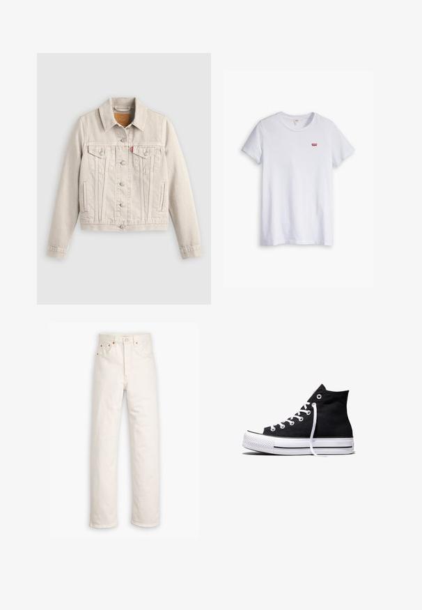 Veste en jean beige clair avec fermeture à boutons, deux poches poitrine à rabat, poches latérales et une petite étiquette rouge sur la poche poitrine gauche.; T-shirt en coton blanc à manches courtes et col rond. Présente un petit logo rouge Levi's sur la partie gauche de la poitrine.; Jeans en denim blanc avec un design à jambe droite, style cinq poches et accents en métal cuivré. Finition effilochée au niveau des chevilles.; Baskets montantes en toile noire avec semelle en caoutchouc blanche et lacets blancs, vues de côté sur un fond blanc.