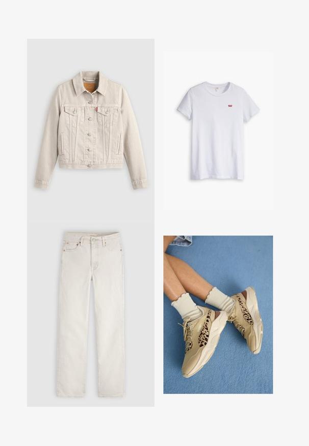 Lyse beige denimjakke med knaplukning, to brystlommer med klapper, sidelommer og et lille rødt mærke på venstre brystlomme.; Hvid bomulds t-shirt med korte ærmer og rund halsudskæring. Har et lille rødt Levi's-logo på venstre brystområde.; Off-white straight-leg denim jeans med foran knap, bæltestropper og fem-lomme design lagt fladt på en lys baggrund.; Benen krydset iført beige Puma-sneakers med leopardstriber og flæset cremefarvede sokker på et blåt tæppebelagt gulv.