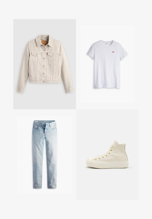 Chaqueta vaquera beige clara con cierre de botones, dos bolsillos de solapa en el pecho, bolsillos laterales y una pequeña etiqueta roja en el bolsillo izquierdo del pecho.; Camiseta de algodón blanca de manga corta y escote redondo. Presenta un pequeño logo rojo de Levi's en la zona del pecho izquierdo.; Jeans de mezclilla azul claro con diseño de pierna recta, cinco bolsillos y cierres de botones metálicos en una pretina estándar.; Zapatillas altas de cuero crema con ojales dorados y un acabado texturizado. Presentan una suela de goma y una puntera redondeada.