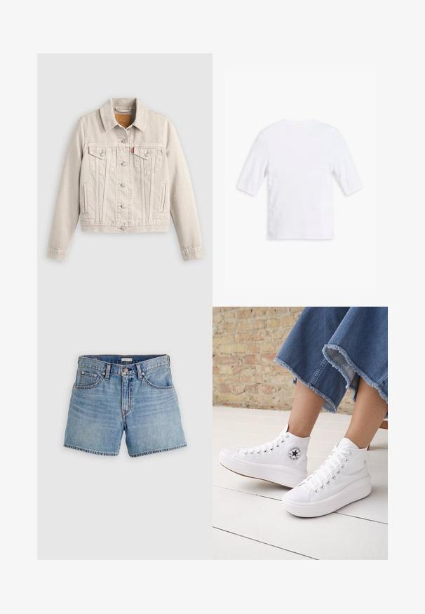 Lichtbeige spijkerjack met knoopsluiting, twee borstflapzakken, zijzakken en een klein rood label op de linker borstzak.; Witte katoen t-shirt met korte mouwen, ronde halslijn en een gladde textuur. Geen zichtbare patronen of versieringen.; Lichtblauwe denim shorts met een hoge taille, voorzien van vijf zakken, een ritssluiting en een ruwe zoom. Klassieke stiksels en een licht vervaagde textuur.; Persoon draagt witte hoge Converse-sneakers met dikke zolen en korte jeans met rafelige zoom tegen een bakstenen muur en witte vloer.