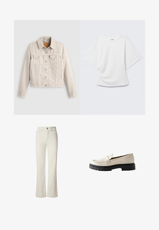 Lichtbeige spijkerjack met knoopsluiting, twee borstflapzakken, zijzakken en een klein rood label op de linker borstzak.; Wit oversized T-shirt met korte mouwen en ronde hals, weergegeven op een lichtgrijze achtergrond.; Witte flared jeans van denim. Heeft een hoge taille, vijf zakken en een metalen knoopsluiting. Glad oppervlak zonder zichtbare patronen.; Crème patenten leren loafers met een ronde neus, een gestikte accent op de schacht en een chunky zwarte rubberen zool met profieldetails.