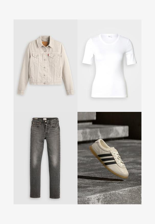 Veste en jean beige clair avec fermeture à boutons, deux poches poitrine à rabat, poches latérales et une petite étiquette rouge sur la poche poitrine gauche.; T-shirt blanc à manches courtes en coton lisse, doté d'un col rond et d'une coupe ajustée. Design classique, sans motifs ni accents.; Jean en denim gris avec une coupe droite, texture usée, décoloration subtile, rivets en cuivre et une fermeture à bouton classique.; Baskets blanches avec des bandes noires et une semelle en gomme flottant au-dessus d’escaliers en béton dans une lumière douce du jour.