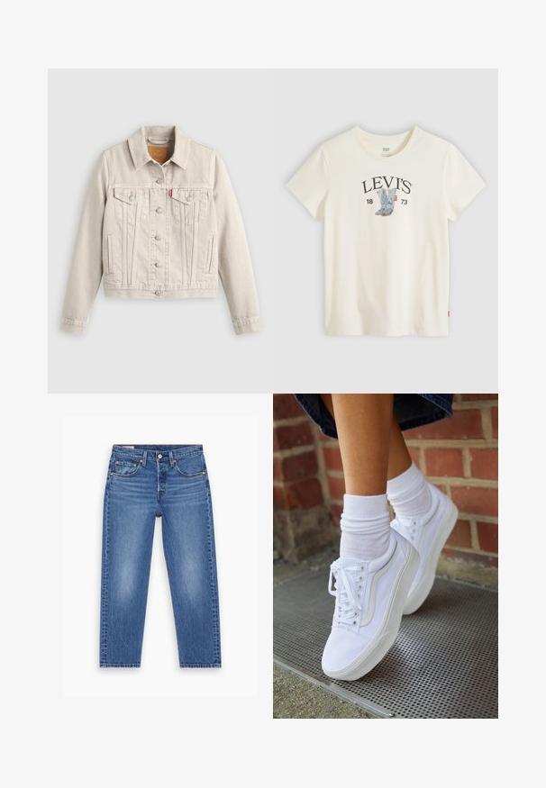Lyse beige denimjakke med knaplukning, to brystlommer med klapper, sidelommer og et lille rødt mærke på venstre brystlomme.; Hvid Levi's t-shirt med kortærmet og grafik af blå cowboystøvler samt "LEVI'S 1873" trykt på brystet.; Blå højtaljede lige ben jeans med frontknap, lynlås og fem-lomme design, vist fladt på en hvid baggrund.; Hvide lærreds sneakers med gummisåler, der har seks snørehuller, rund tå og let sømdetaljer, krydret med hvide ankelstrømper.