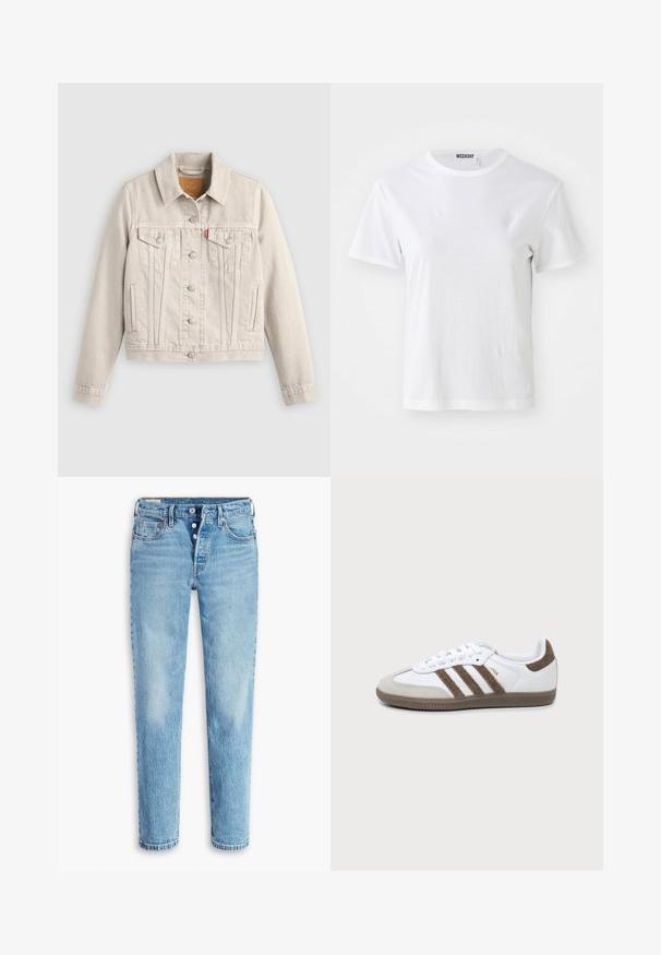 Chaqueta vaquera beige clara con cierre de botones, dos bolsillos de solapa en el pecho, bolsillos laterales y una pequeña etiqueta roja en el bolsillo izquierdo del pecho.; Camiseta blanca de manga corta hecha de una tela suave. Cuenta con un escote redondo y un corte recto, con una etiqueta en el cuello interior.; Jeans de denim azul claro con un diseño de pierna recta, estilo de cinco bolsillos y cierre de botón. Presentan áreas deslavadas y efecto de arrugas para dar textura.; Zapatilla Adidas Samba blanca y marrón con tres franjas marrones, cordones y suela texturizada mostrada de lado sobre un fondo liso.