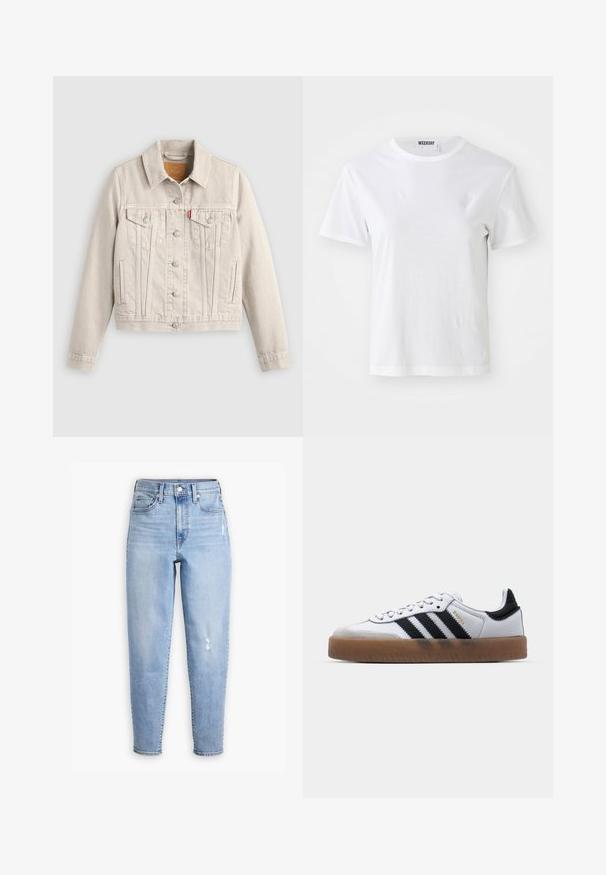 Chaqueta vaquera beige clara con cierre de botones, dos bolsillos de solapa en el pecho, bolsillos laterales y una pequeña etiqueta roja en el bolsillo izquierdo del pecho.; Camiseta blanca de manga corta hecha de una tela suave. Cuenta con un escote redondo y un corte recto, con una etiqueta en el cuello interior.; Jeans de tiro alto azul claro hechos de denim, con pierna recta, un ligero desgaste y una pequeña área desgastada en el muslo derecho.; Zapatillas de cuero blancas con rayas negras, suela de goma, puntera redonda, cierre de cordones y caperuza de ante gris suave.