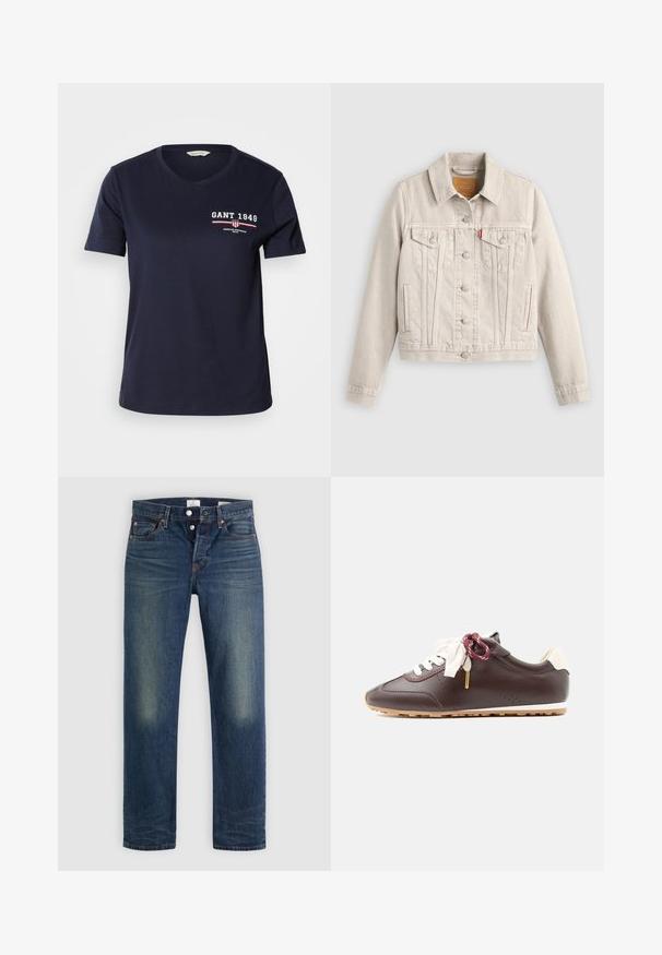 Chaqueta vaquera beige clara con cierre de botones, dos bolsillos de solapa en el pecho, bolsillos laterales y una pequeña etiqueta roja en el bolsillo izquierdo del pecho.; Camiseta de algodón azul marino con escote en V y mangas cortas, que presenta el texto del logo en blanco y rojo "GANT 1949" y detalles de diseño en el lado izquierdo del pecho.; Jeans de mezclilla azul con un diseño clásico de pierna recta, cierre de botón y ligero desgaste en los muslos. Sin adornos visibles.; Zapatilla deportiva de perfil bajo de cuero marrón oscuro con cordones blancos y granates, parche beige en el talón y suela de goma marrón claro sobre fondo liso.