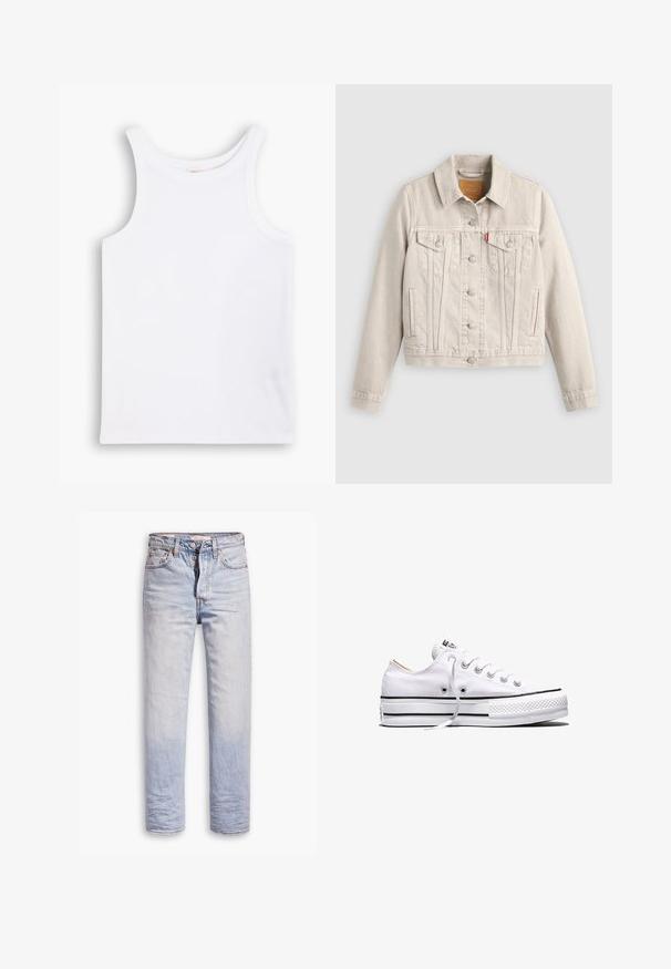 Veste en jean beige clair avec fermeture à boutons, deux poches poitrine à rabat, poches latérales et une petite étiquette rouge sur la poche poitrine gauche.; Débardeur en coton blanc avec de larges bretelles, un col rond et une texture lisse et côtelée. Aucun motif ni accent présent.; Jean en denim bleu clair avec une coupe droite, dotés d'une fermeture à boutons, de cinq poches et d'un léger délavage sur les jambes.; Baskets basses en toile blanche avec lacets blancs, bandes noires sur la semelle et embout en caoutchouc texturé, vue de côté sur fond blanc.