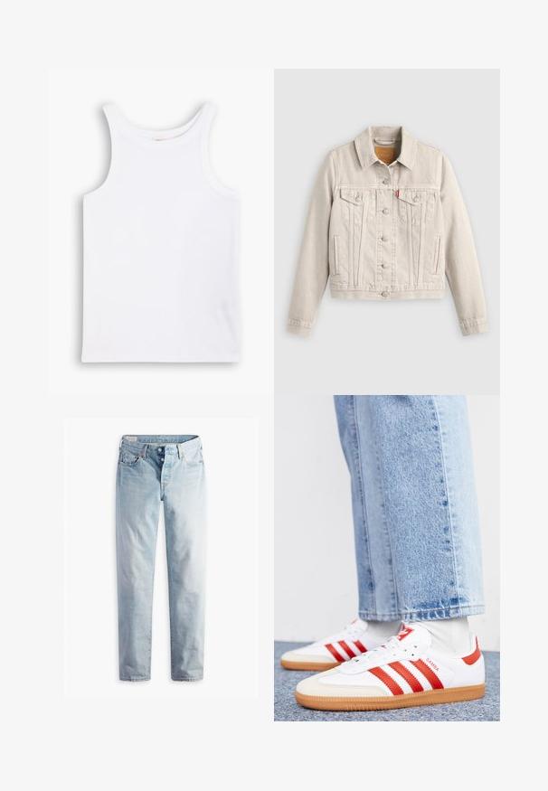 Veste en jean beige clair avec fermeture à boutons, deux poches poitrine à rabat, poches latérales et une petite étiquette rouge sur la poche poitrine gauche.; Débardeur en coton blanc avec de larges bretelles, un col rond et une texture lisse et côtelée. Aucun motif ni accent présent.; Jean en denim bleu clair avec une coupe droite, cinq poches et des fermetures à boutons métalliques sur une ceinture standard.; Baskets en cuir blanc avec des rayures et des accents rouges. Dotées d'une semelle extérieure en gomme texturée et d'un col rembourré. Portées avec un jean en denim bleu clair.