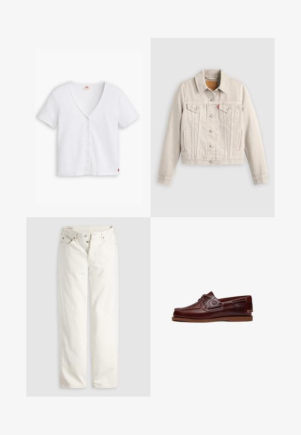 Chaqueta vaquera beige clara con cierre de botones, dos bolsillos de solapa en el pecho, bolsillos laterales y una pequeña etiqueta roja en el bolsillo izquierdo del pecho.; Top blanco de manga corta con cuello en V profundo, que presenta una fila de seis botones en la parte delantera y un pequeño logo rojo en el dobladillo.; Vaqueros blancos de talle alto con pierna recta, cremallera de botones, bolsillos delanteros y traseros, y remaches de cobre visibles en las esquinas de los bolsillos.; Zapato náutico de cuero marrón con cordones, detalles de costura y logo de Timberland en el lateral, mostrado sobre un fondo blanco.