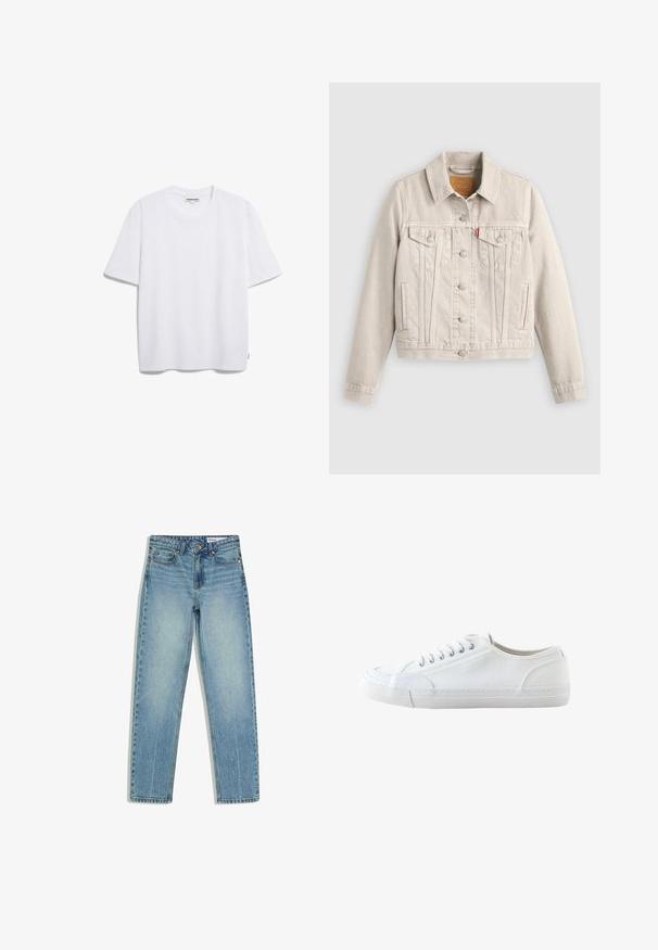 Lyse beige denimjakke med knaplukning, to brystlommer med klapper, sidelommer og et lille rødt mærke på venstre brystlomme.; Hvid bomulds t-shirt med korte ærmer, rund halsudskæring og en afslappet pasform. Ingen synlige mønstre eller logoer. Glat tekstur.; Lyseblå denimjeans med lige ben, forlommer, bæltestropper, knaplukning og subtil falmen på lårene.; Hvid lavtop lærredsneaker med hvide snørebånd og gummisål, vist fra siden på en hvid baggrund.